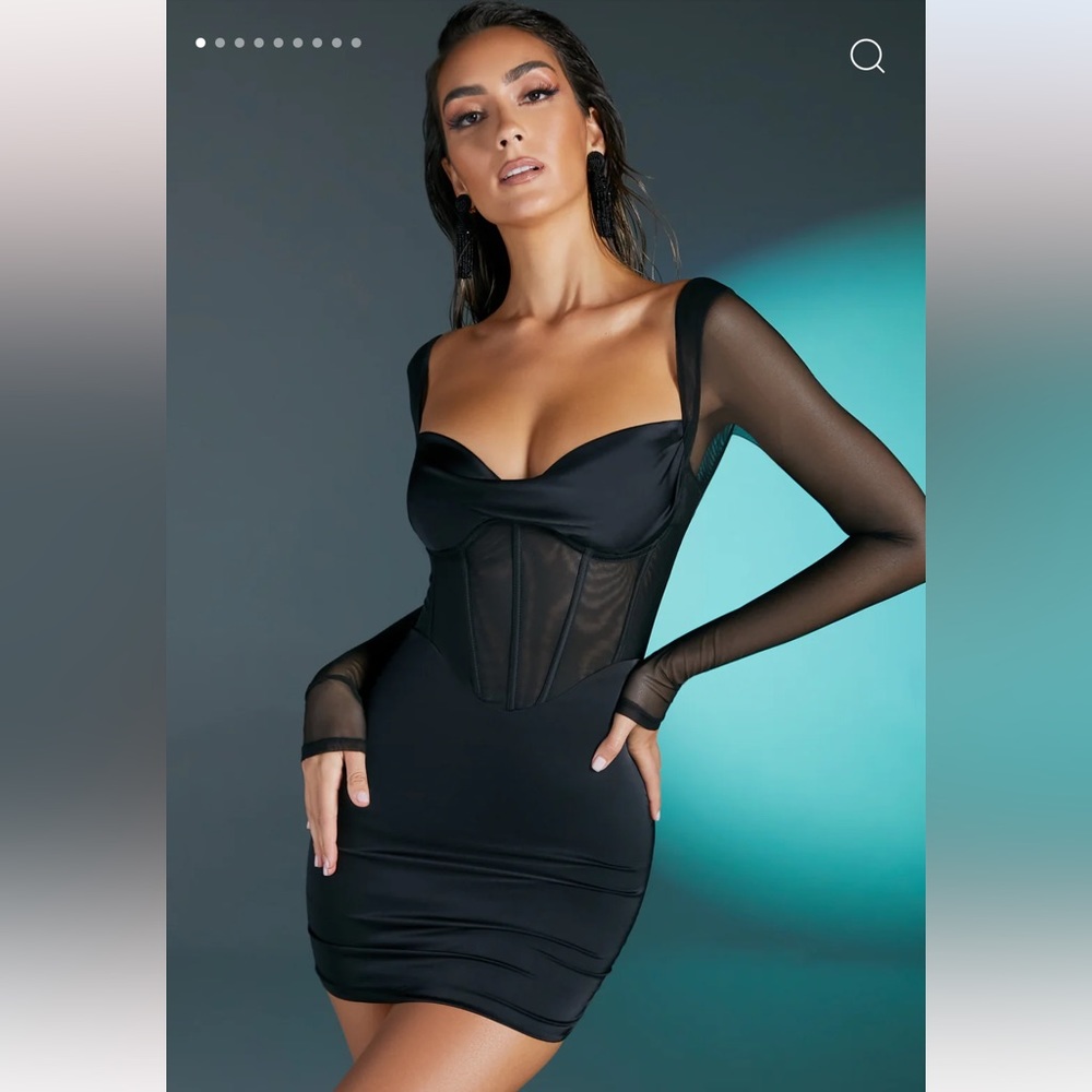 Oh Polly Lorient Long Sleeve Mesh Mini Dress in Black